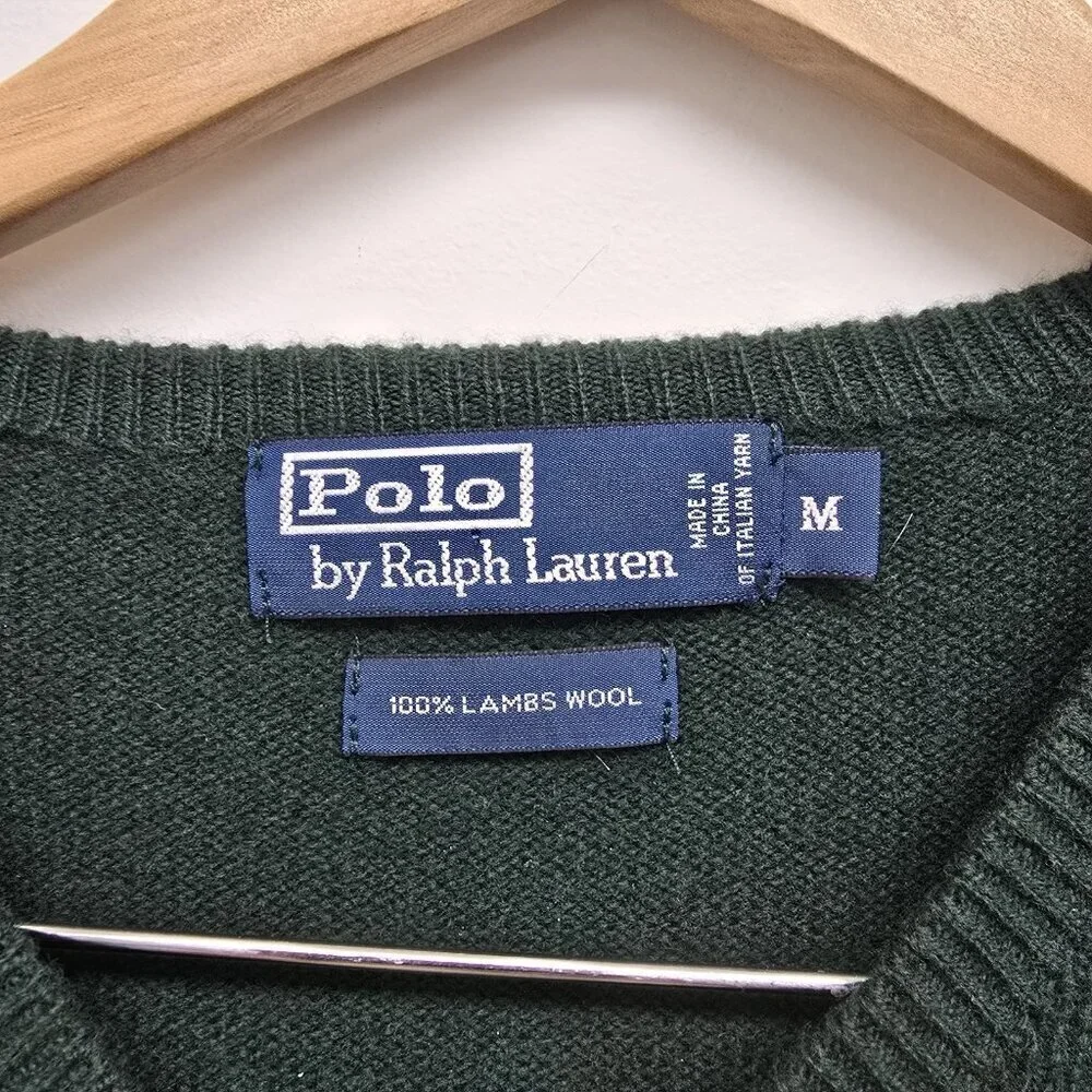 Polo Ralph Lauren 100% Lambswool VNeck Sweater Mens Size Medium Green Orage Pony